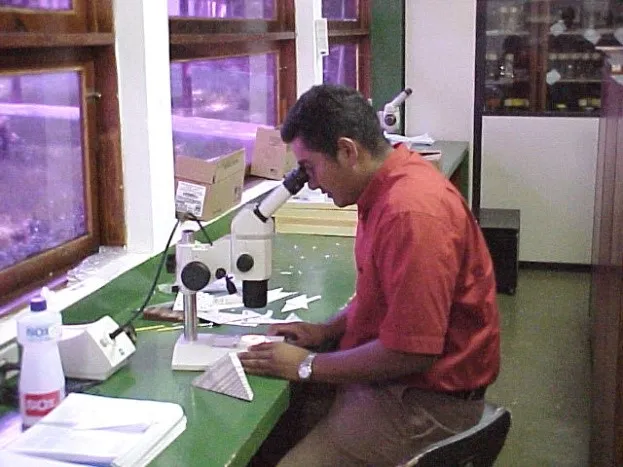 Richardson Frazão fazendo observação em lupa das amostras coletadas