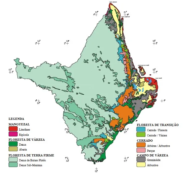 Mapa Amapá mostrando florestas, cerrado, manguezal, campo de várzea